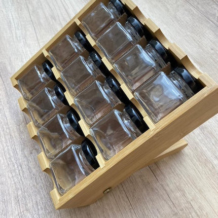 Square Glass Spice Jar Set 12 jars + Bamboo Stand, Bamboo Condiment Organizer Stand, Wall Mounted Wooden Seasoning Holder