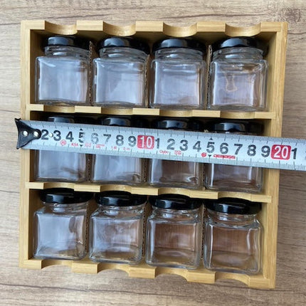 Square Glass Spice Jar Set 12 jars + Bamboo Stand, Bamboo Condiment Organizer Stand, Wall Mounted Wooden Seasoning Holder