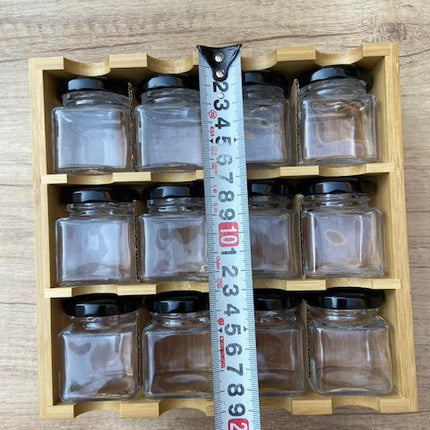 Square Glass Spice Jar Set 12 jars + Bamboo Stand, Bamboo Condiment Organizer Stand, Wall Mounted Wooden Seasoning Holder