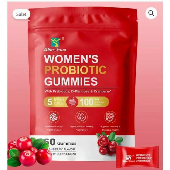 Wins Town Women's Probiotic Gummies, Cranberry Flavor: Dual-Effect Protection for Women's Health( 60 vegan sachets)