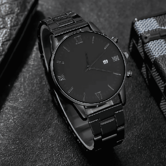 Men's 4-in-1 Watch and Jewelry Set Black Calendar Watch Rings Bracelet Necklace Titanium Steel Cross